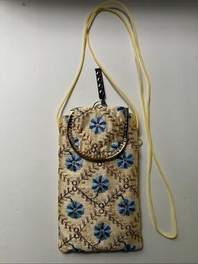 Mini Embroidered Cream Crossbody Phone Bag with Blue Floral Motif